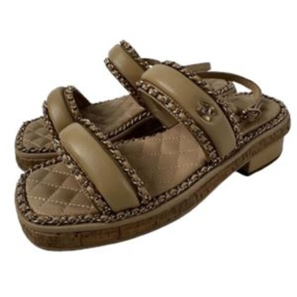 Chanel Lambskin Cork Chain Sandals | Women’s Beige Size 37C (7) - Picture 1 of 7